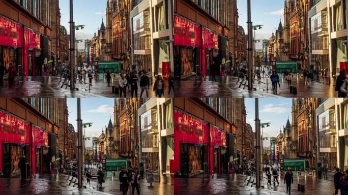 英国苏格兰格拉斯哥市中心布坎南街和亚皆老街人群和游客步行购物的4K镜头延时摄影，旅游和目的地旅游概念