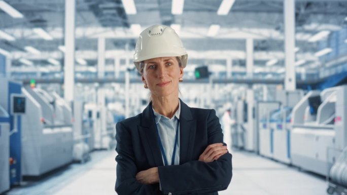 戴安全帽的白人女经理的肖像，双臂交叉站着，看着镜头，微笑着。在电子厂生产机械的工业专家。缓慢的运动。
