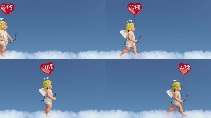 一个有趣的天使丘比特带着一个写着“爱”的球走在蓝天的云上。三维抽象的爱情背景。情人节的概念。情人节快
