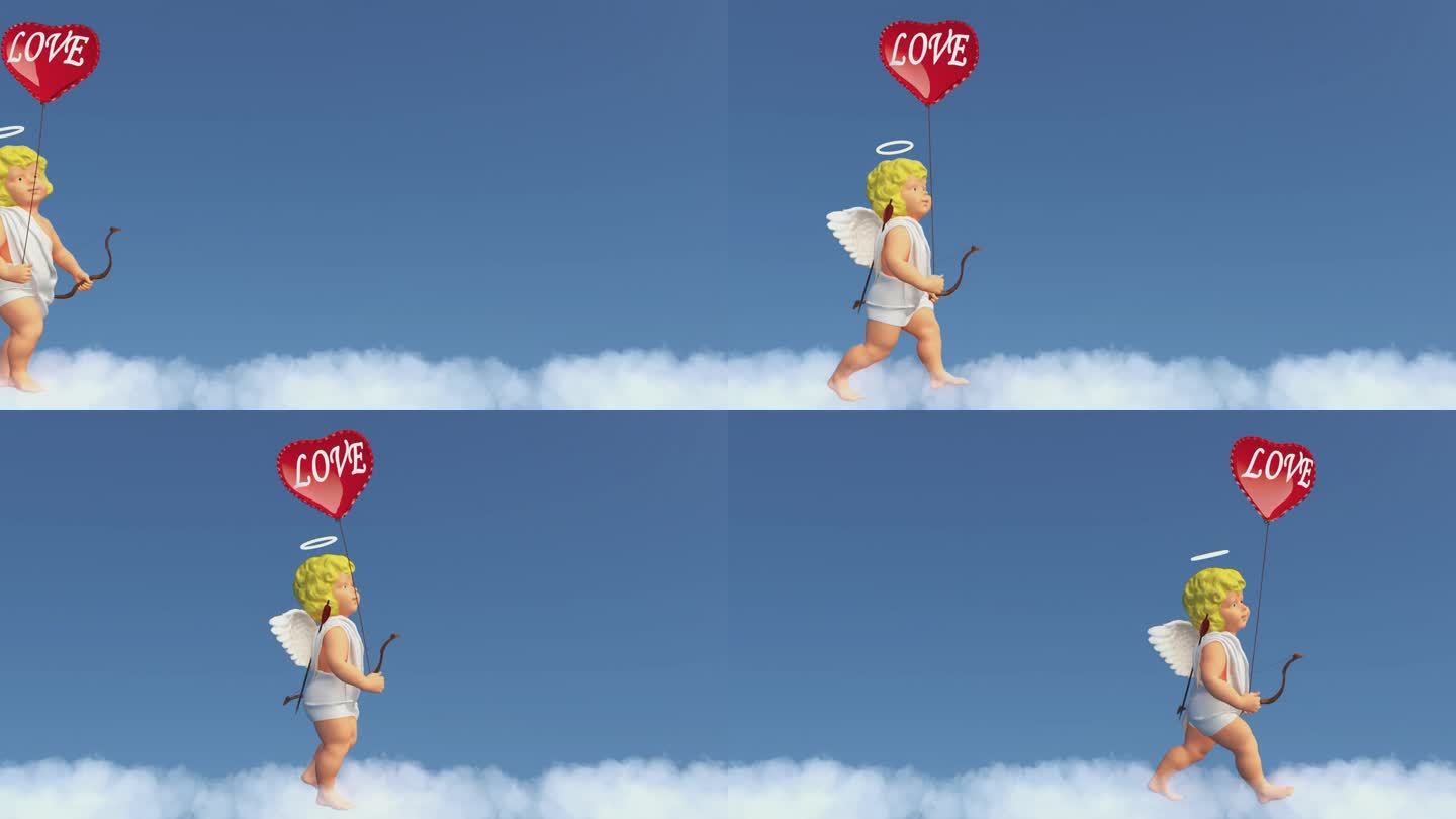 一个有趣的天使丘比特带着一个写着“爱”的球走在蓝天的云上。三维抽象的爱情背景。情人节的概念。情人节快
