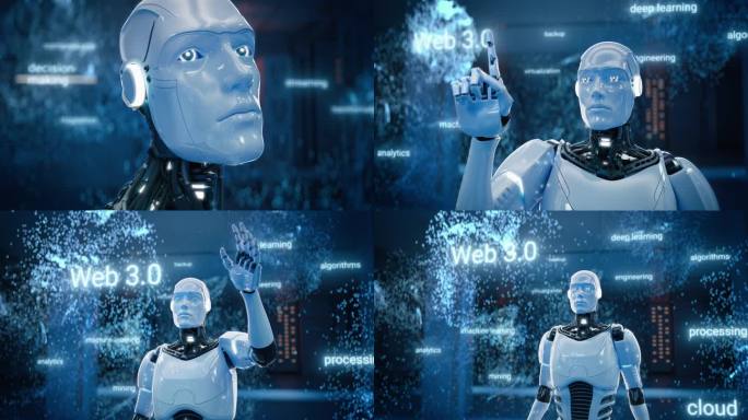 人工智能机器人通过动态触摸手势激活Web 3.0。人形机器人与互联网信息，云计算，神经大数据，机器学