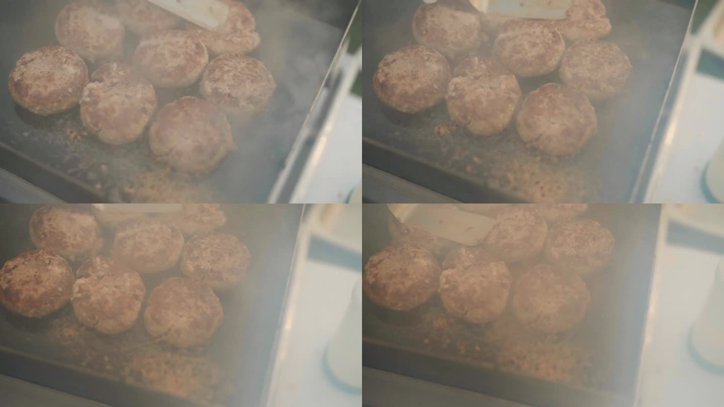 用热油在平底锅上煮煎好的肉饼。在煎美味的肉的时候，还要抽烟。
