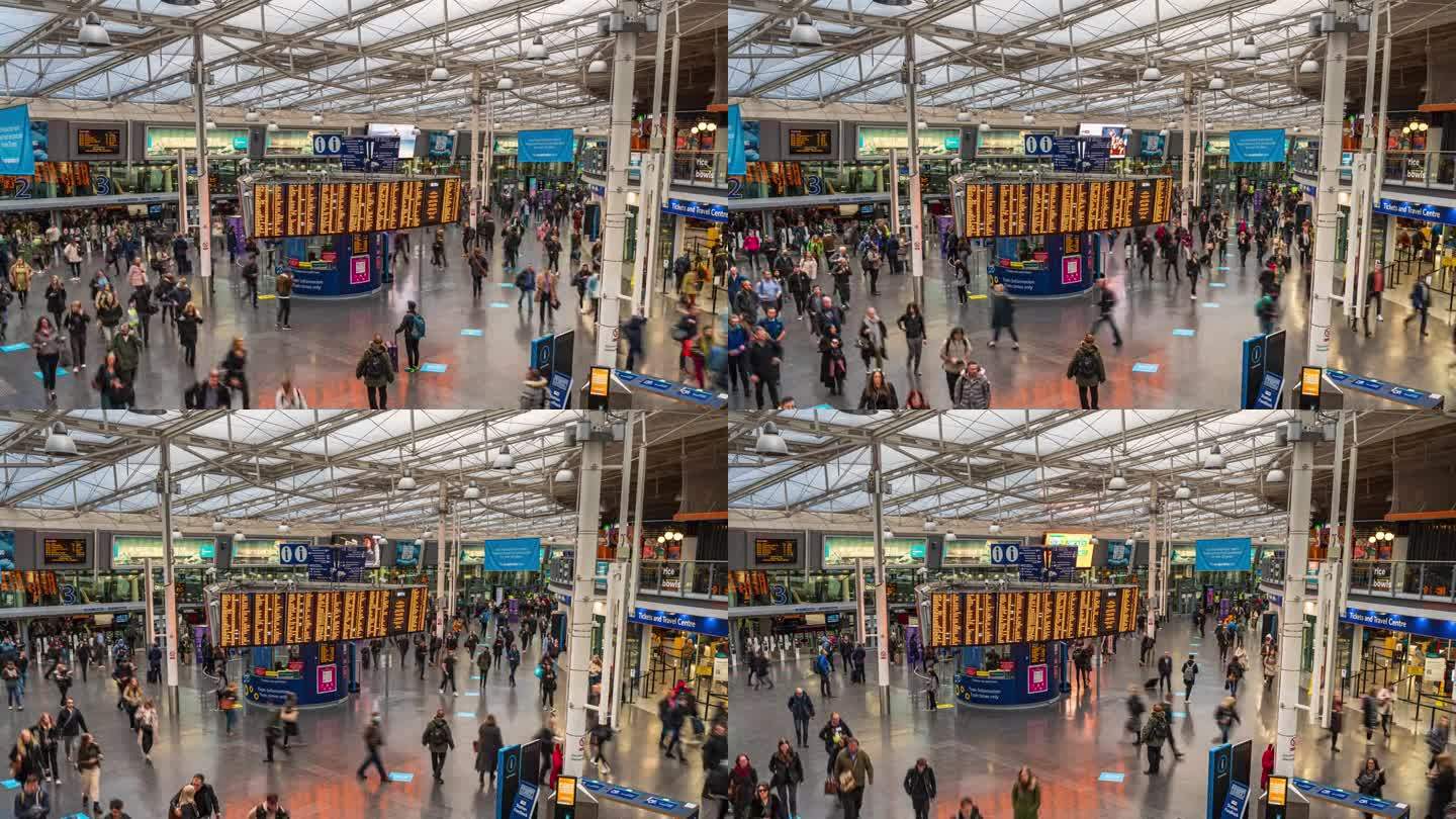 英国，英格兰，曼彻斯特市中心，电车和公共汽车与拥挤的通勤者和游客一起行走和旅行的延时镜头