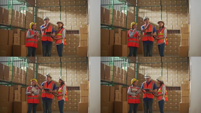 仓库工人团队在堆满货架的零售仓库里用数码平板电脑检查产品库存