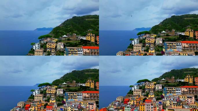 Riomaggiore村的4K鸟瞰图实时镜头在五渔村，拉斯佩齐亚省，利古里亚，意大利，欧洲的五个村庄