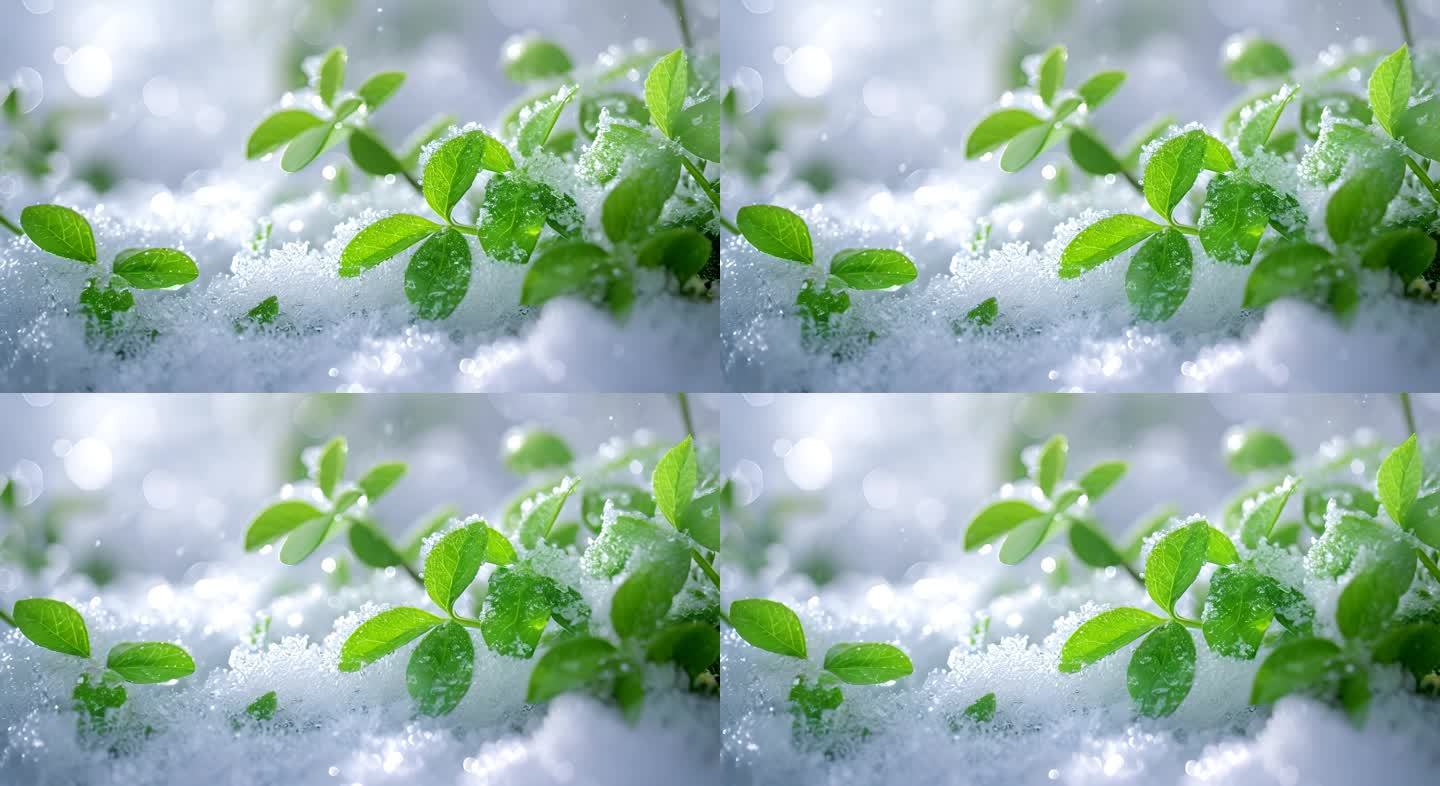 唯美冬季绿色植物雪地生机升格