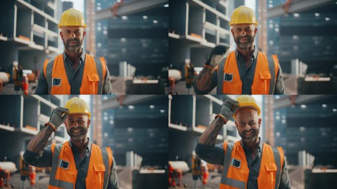 幸福成功的建筑工人站在一个建筑院子里的肖像，摆姿势拍照，微笑。专业土木工程师，穿着安全制服，戴安全帽