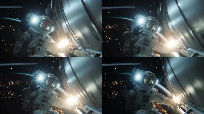 一位勇敢的女宇航员漂浮在宇宙飞船外，一只手抓住火箭，另一只手挥手。穿着太空服的职业女性微笑着在镜头前