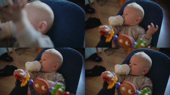 SLO高角度手持拍摄可爱的小男孩在家里被妈妈喂奶瓶里的牛奶
