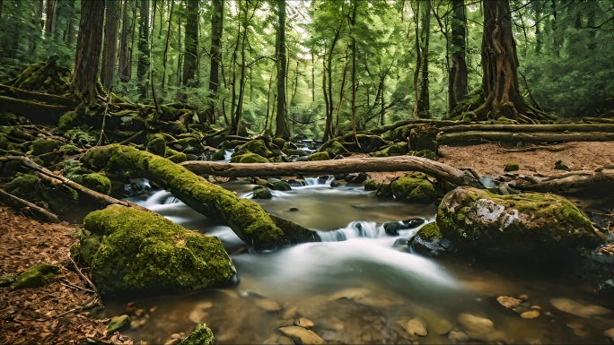 绿色生态  森林 溪流 瀑布 水流