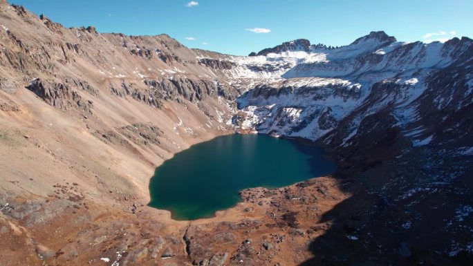 无人机拍摄的一个大的高山湖泊与雪峰和阳光明媚的一天