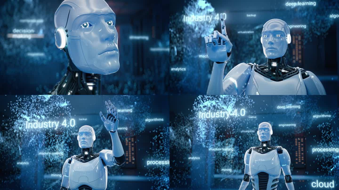 人工智能机器人通过动态触摸手势激活工业4.0。人形机器人与互联网信息，云计算，神经大数据，机器学习概