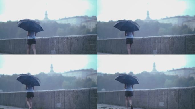 雨中的幸福:小女孩在倾盆大雨中撑伞的快乐