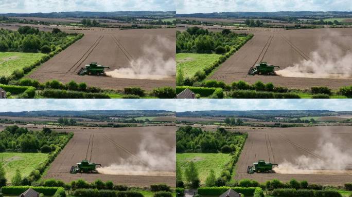 无人机拍摄的收割小麦的画面