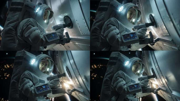 空间工程师正在用自动螺旋炮维修通信卫星上的面板。勇敢的女宇航员在外太空工作，美丽的蓝色星球地球为背景