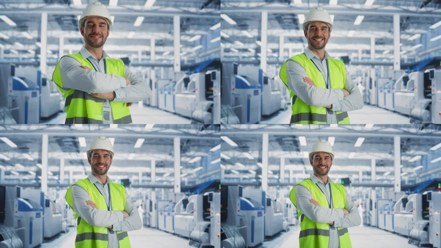 成年白人男性制片主管看着镜头微笑的肖像。在生产电子产品的重型机械工厂，戴安全帽、穿反光夹克的技术员。