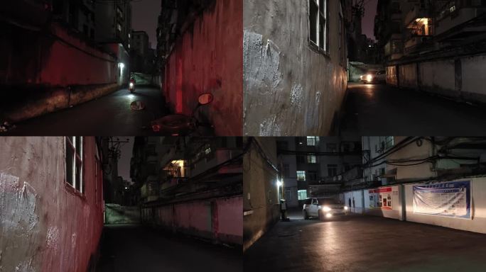 胡同深夜街道夜里路灯下小巷走路深夜昏暗