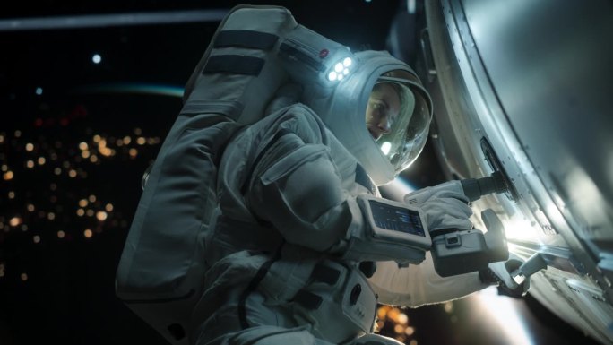 一名工程师在太空用自动螺旋枪修补电信卫星面板的肖像。女宇航员在外太空工作，夜晚的背景是地球
