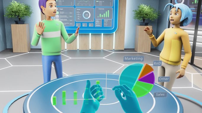 公司商务会议在3D虚拟现实办公室。用控制器和两个动画化身的POV同事做大数据和市场销售增长分析。虚拟
