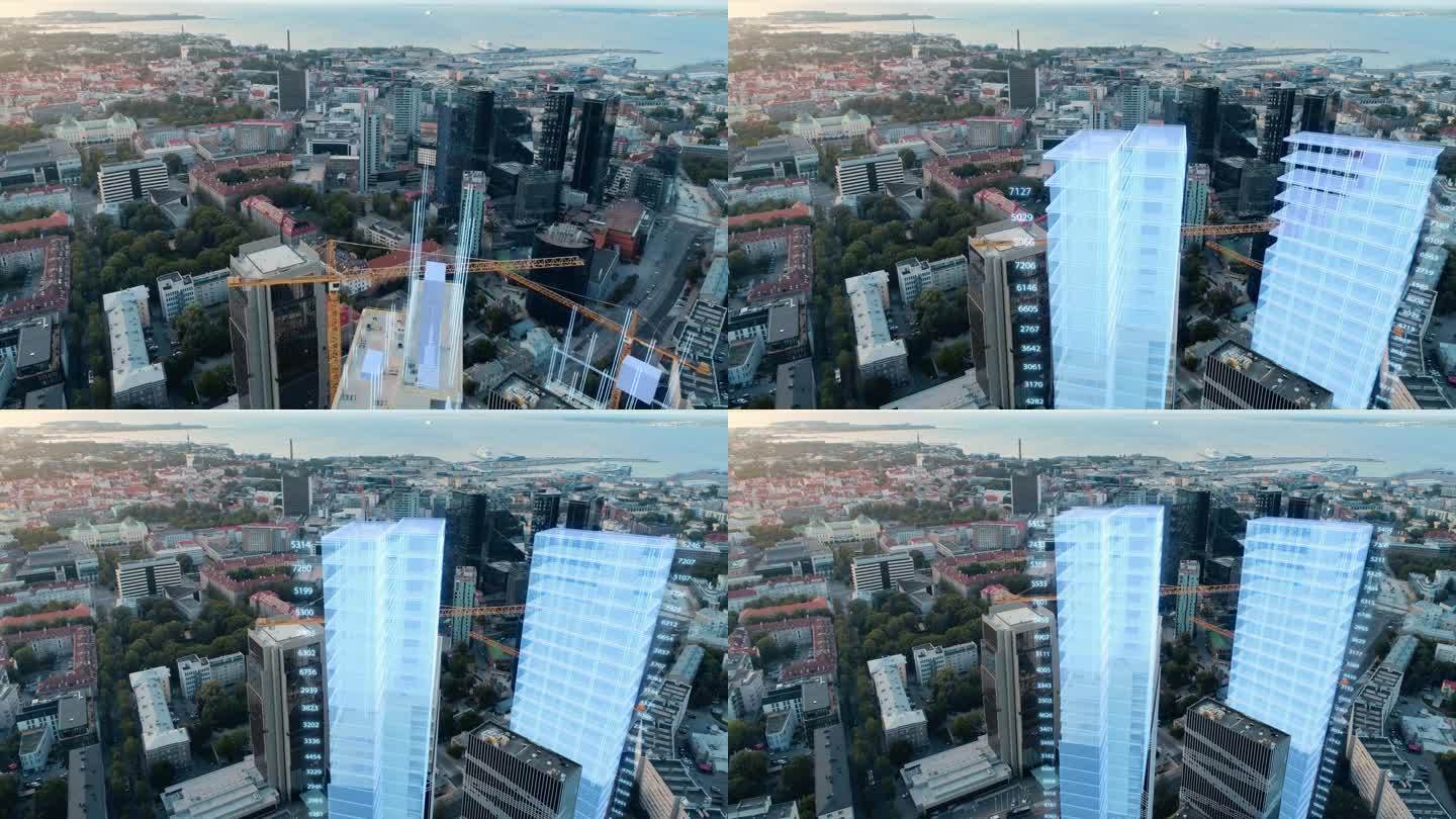 空中无人机拍摄的建筑施工完成与VFX:城市房地产开发现场转换与分析三维图形项目。城市设计进程的可视化