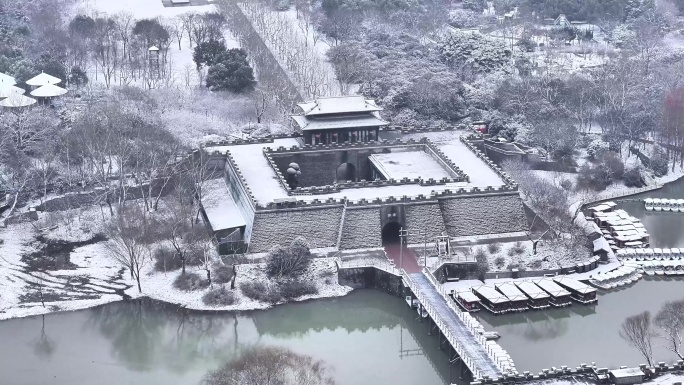 航拍扬州瘦西湖大明寺观音山宋夹城园林雪景