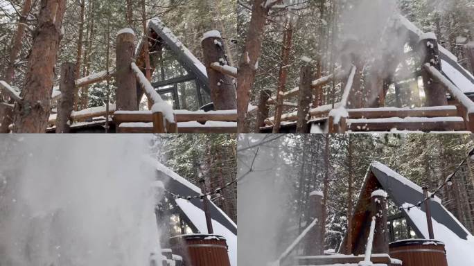 冰冻瀑布:松树林的雪雨，4K, 60 FPS