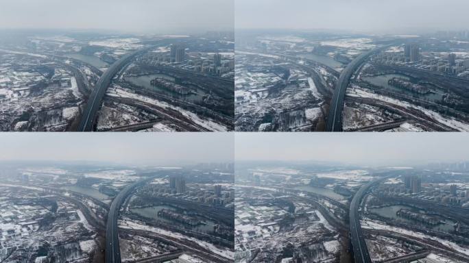 西安绕城高速雁鸣湖段雪天延时航拍