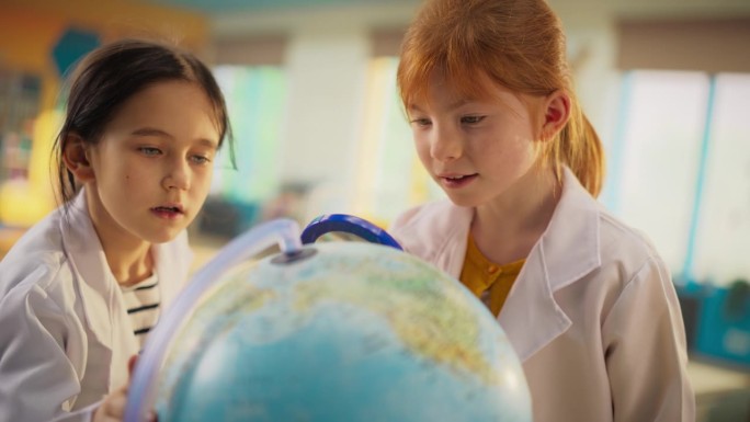 小学生进行地理课堂研究，用地球仪和放大镜看得更清楚。两个好奇的年轻女孩在实验中穿着白大褂