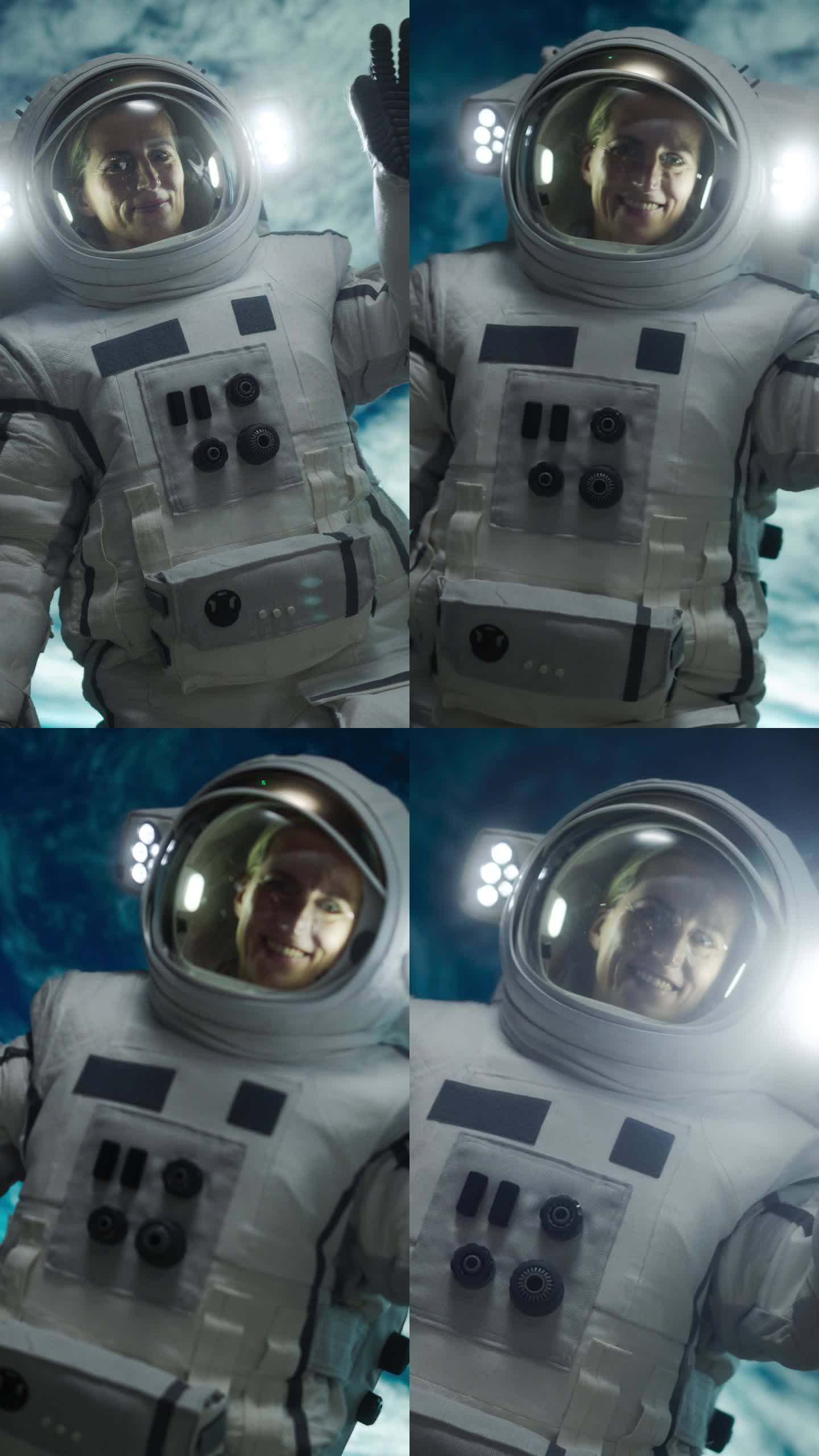 垂直屏幕:一名女宇航员漂浮在宇宙飞船外的肖像，背景是地球。女人对着镜头挥手。职业女宇航员穿着太空服，