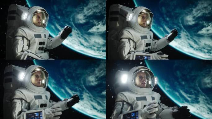 一个美丽的女人在她的第一次太空行走在国际空间站的肖像。被赋予权力的女宇航员与机组成员交流，兴奋地从外