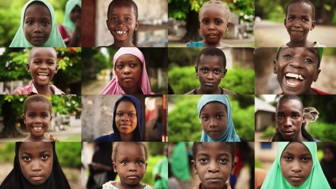 分屏拼贴:近距离肖像蒙太奇显示富有表现力的正宗非洲孩子微笑着看着相机。充满活力的快乐黑人儿童和青少年