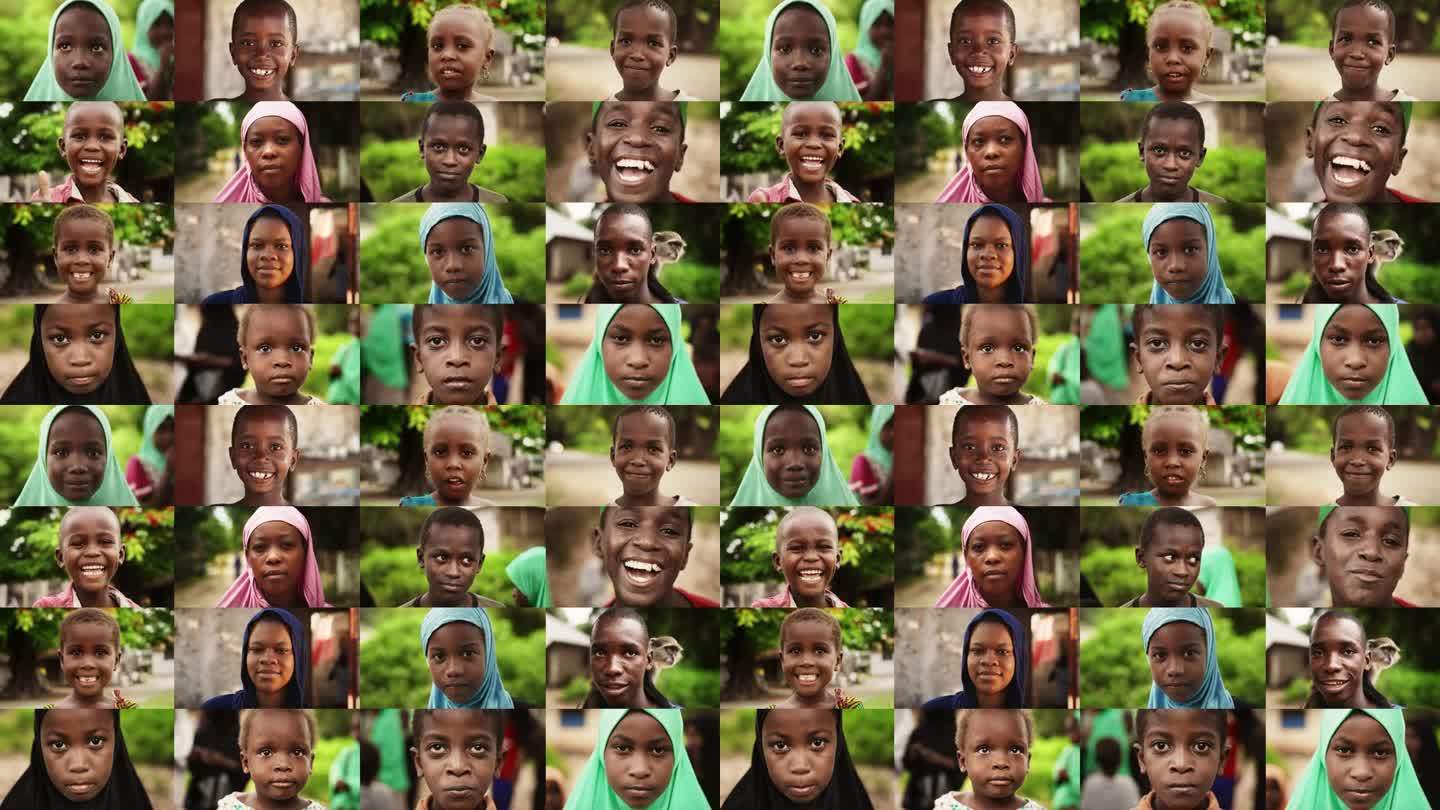 分屏拼贴:近距离肖像蒙太奇显示富有表现力的正宗非洲孩子微笑着看着相机。充满活力的快乐黑人儿童和青少年