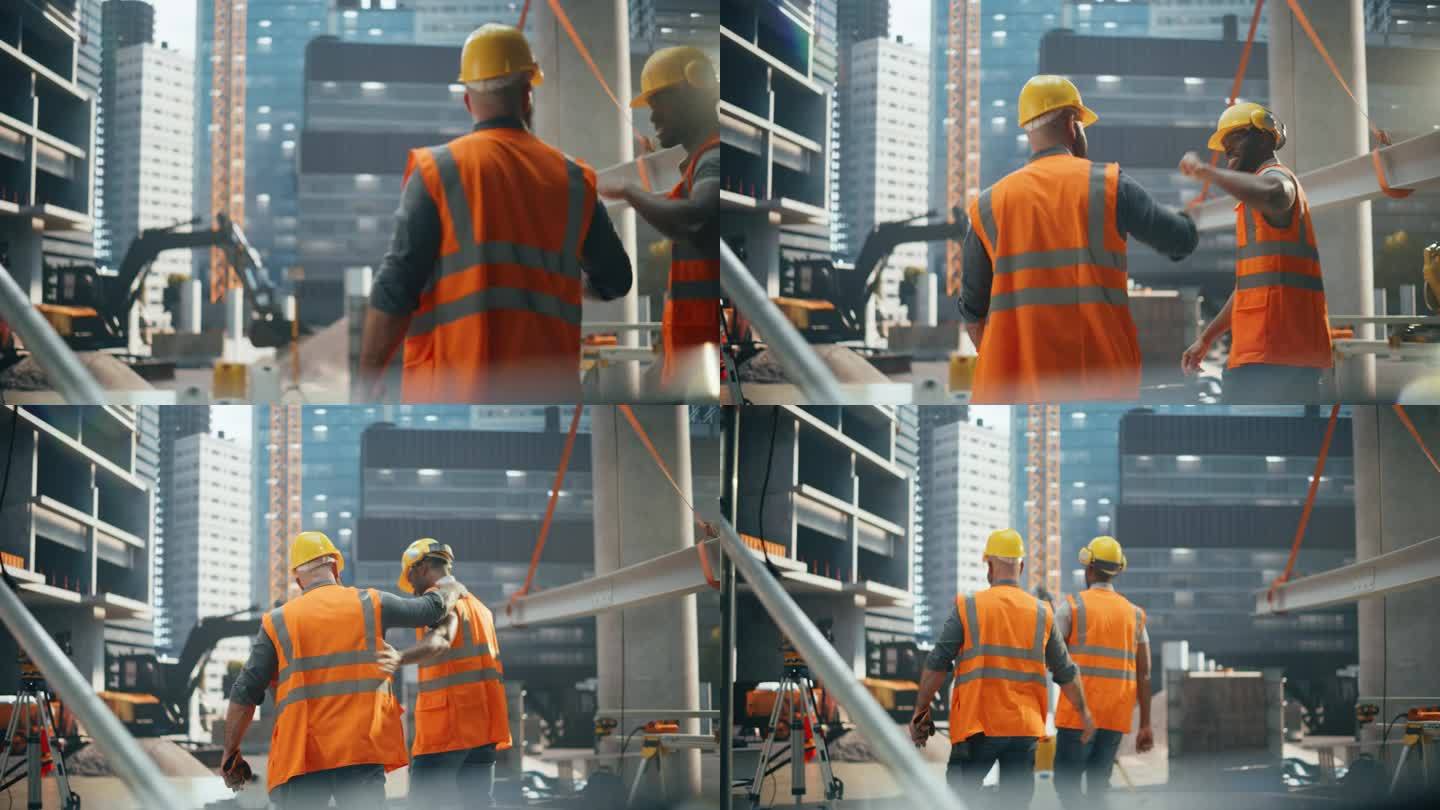两个不同的建筑工地总工走路上班时击掌。两个成功的男性建筑工人从后面走开的电影镜头