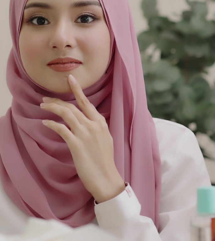 接近年轻美丽的穆斯林妇女与头巾显示日常化妆面部。美容穆斯林护肤美容理念。