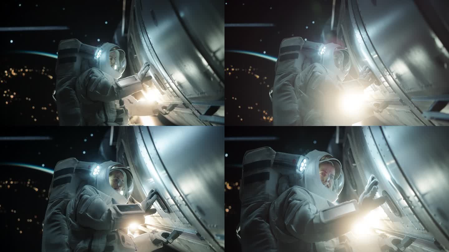 专业宇航员在外太空零重力环境下进行例行维护检查。先进空间技术、科学探索与女性赋权理念