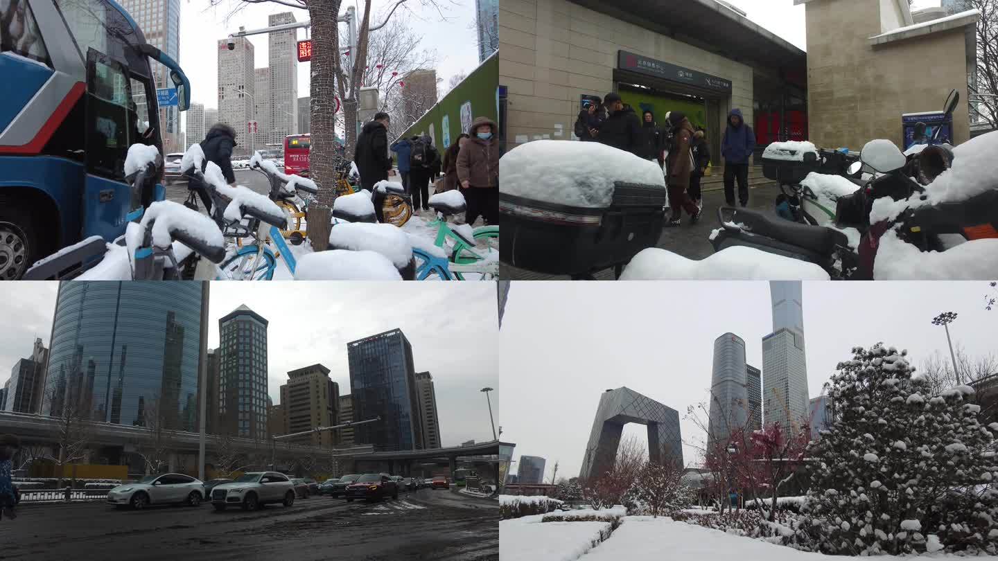 北京雪景寒冷雪后冬天城市 上班人流公交车