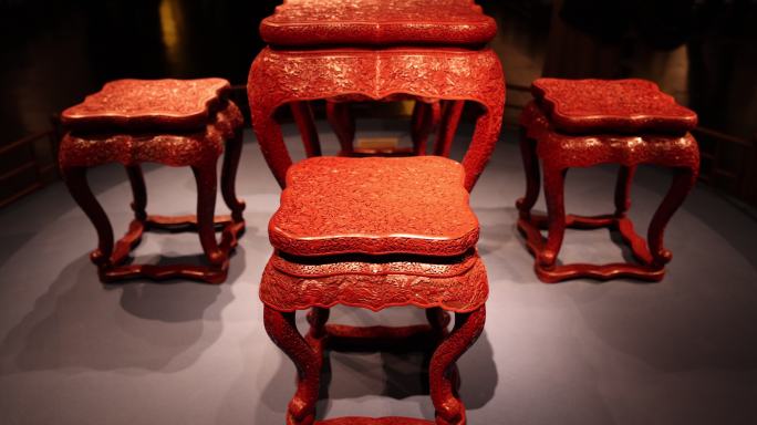 古代家具 清代剔红花卉纹方桌椅子凳子
