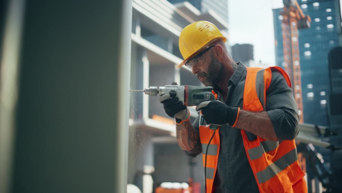 一个英俊的建筑工人在建筑工地上使用工业钻孔机的肖像。穿着防护服在户外工作的中年男子，用电动工具在墙上