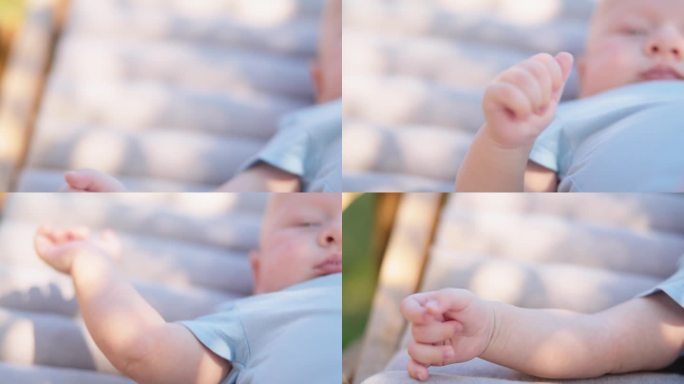 在阳光明媚的日子里，在后院躺椅上放松的婴儿男孩的SLO手持照片