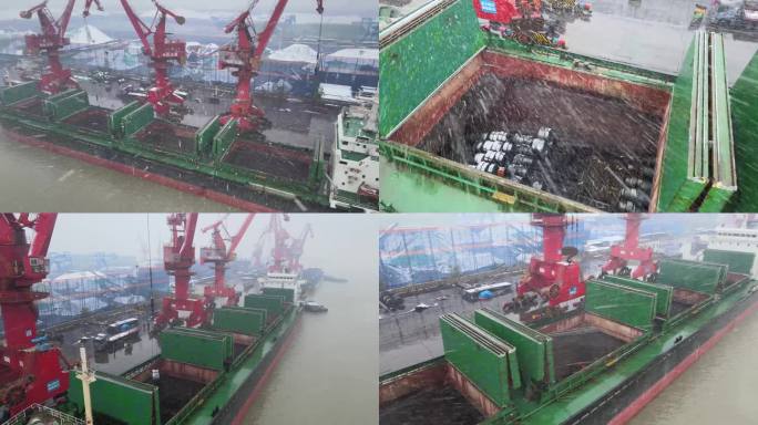 航拍长江大雪天气船舶装卸作业