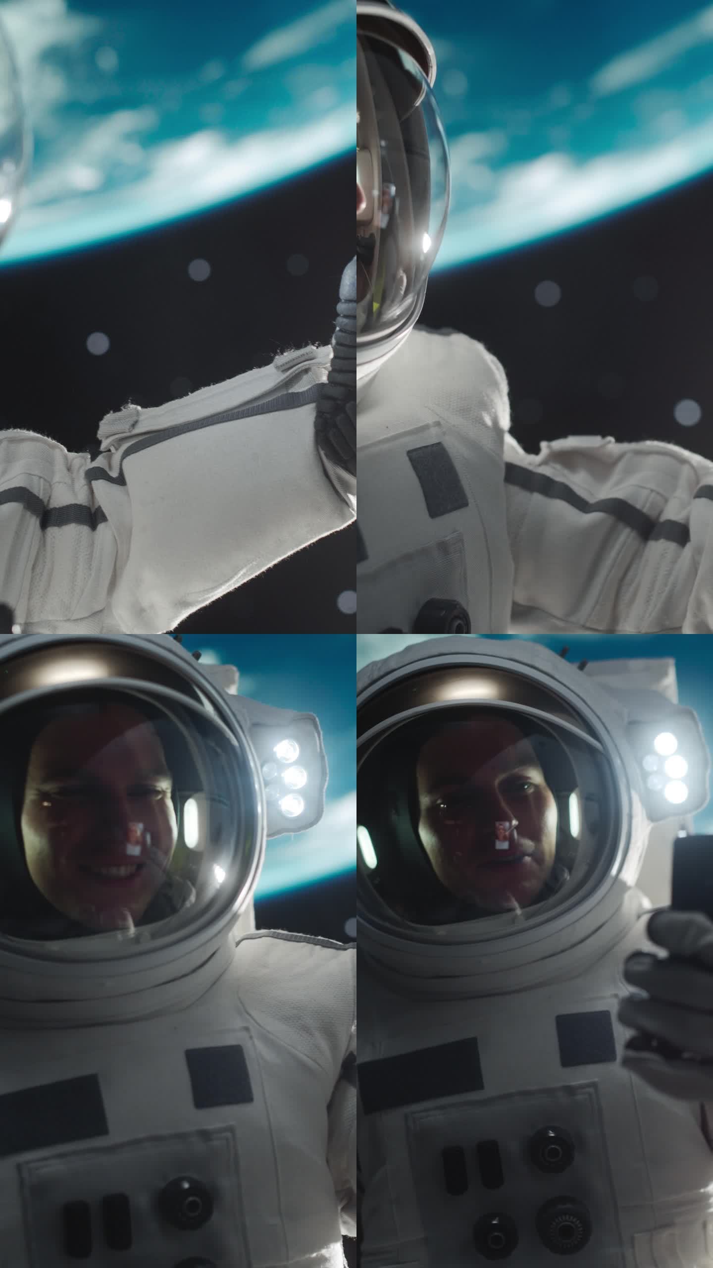 垂直屏幕:宇航员在零重力状态下漂浮在太空中。宇航员与一位来自地球的年轻女性进行视频通话。工程师在轨道