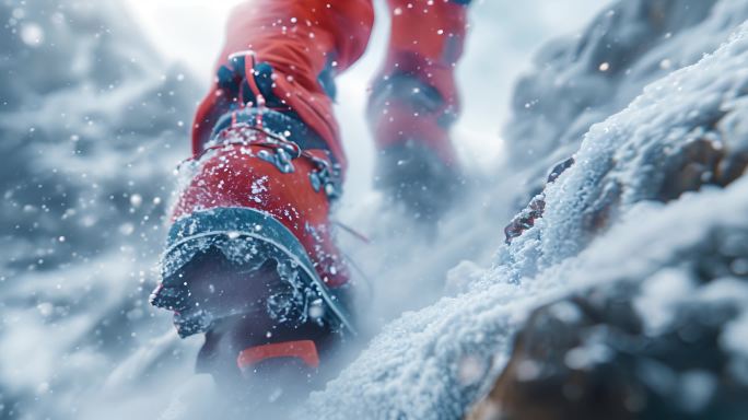 攀登雪山登顶登山镐日出