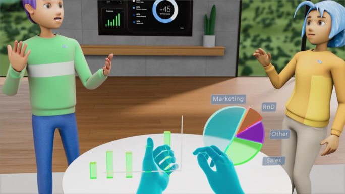 公司商务会议在3D虚拟现实办公室。用控制器和两个动画化身的POV同事做大数据和市场销售增长分析。虚拟