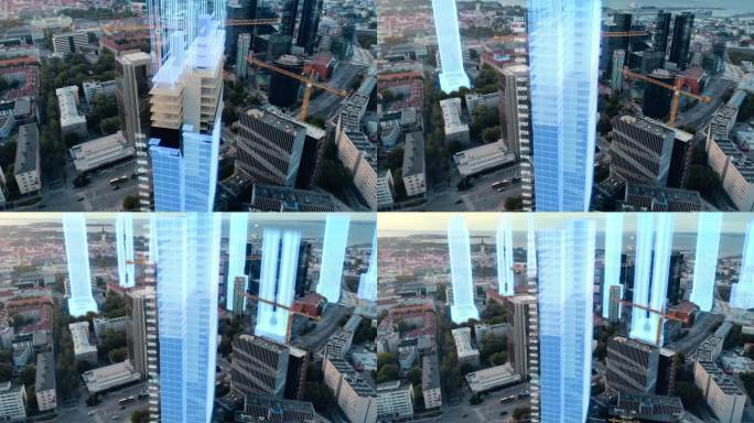 空中无人机拍摄的建筑施工完成与VFX:城市房地产开发现场转换与分析三维图形项目。城市设计进程的可视化