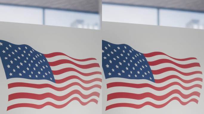 垂直屏幕:在金融区一个空的投票站的投票亭上建立美国国旗的镜头。选举日概念与爱国美利坚合众国的视觉效果