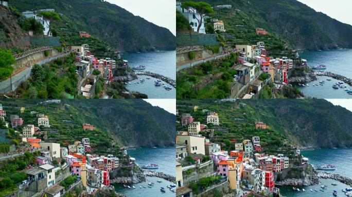 Riomaggiore村的4K鸟瞰图实时镜头在五渔村，拉斯佩齐亚省，利古里亚，意大利，欧洲的五个村庄