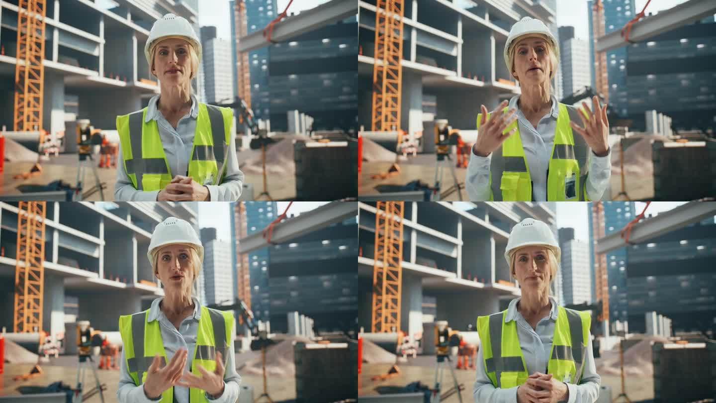 被授权的成年女工程师在建筑工地的摄像机前讲话。屏幕更换模板的新闻广播，电影，视频通话上的电脑或智能手