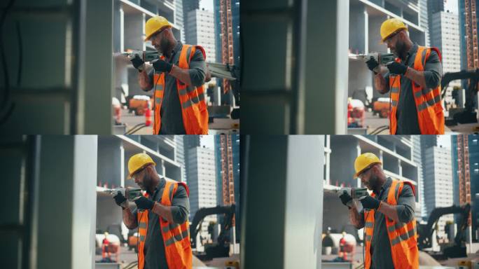 熟练的木匠穿着高能见度背心，护目镜和安全帽，在建筑工地与钻头一起工作。英俊的工人在墙上打洞