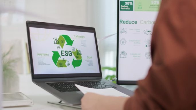 一位亚洲企业家在一家可持续发展办公室的笔记本电脑屏幕上分析环境、社会和治理(ESG)数据。