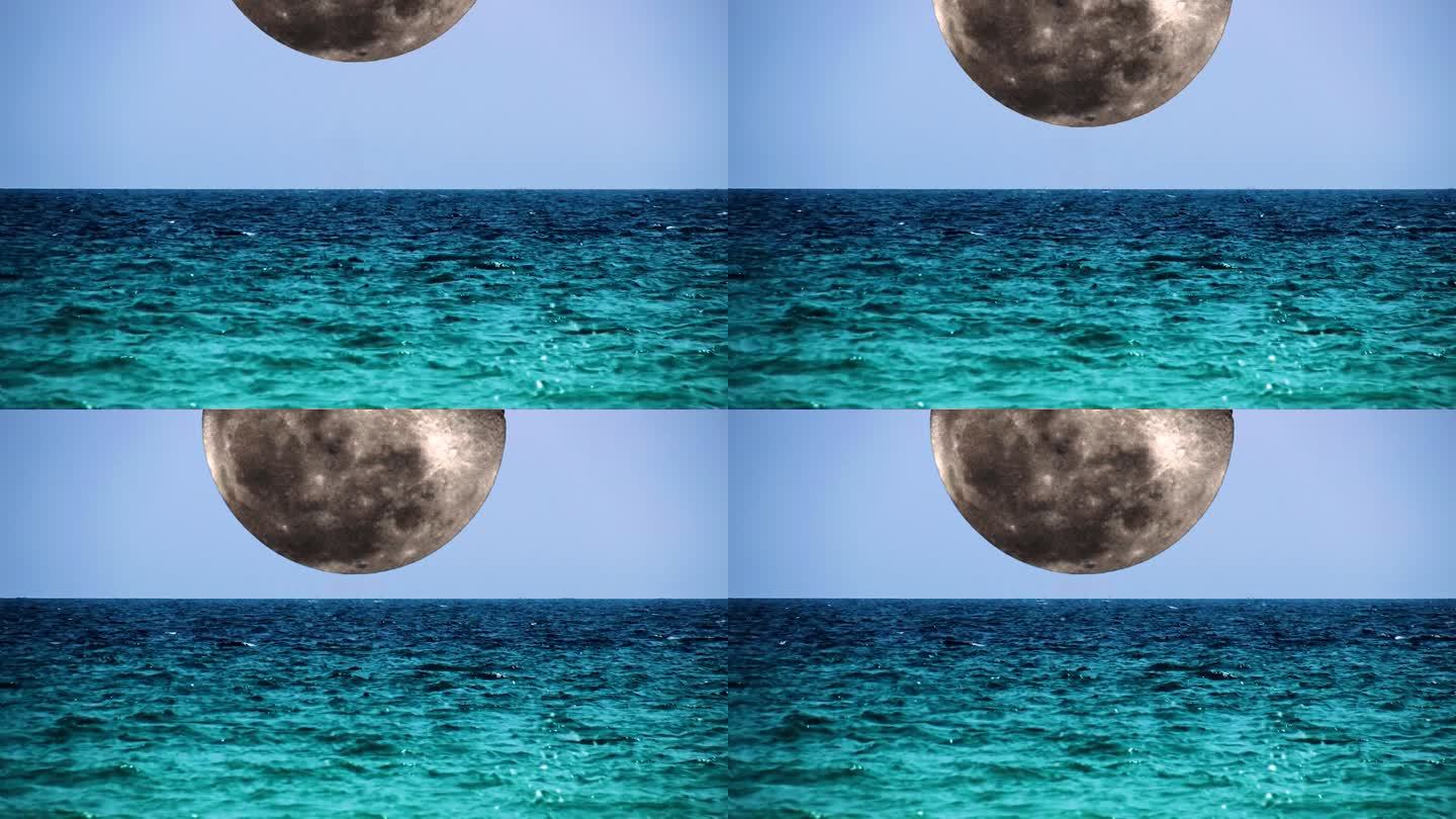 月亮在海平面以上的动画，一个美丽的月亮降落在水面上，星系图形。